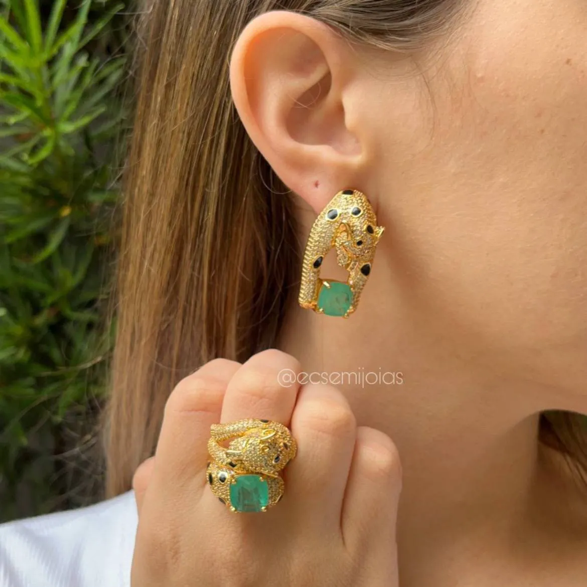 Conjunto brinco e anel pantera cravejada com pedra quadrada turmalina fusion - banhado a ouro 18k