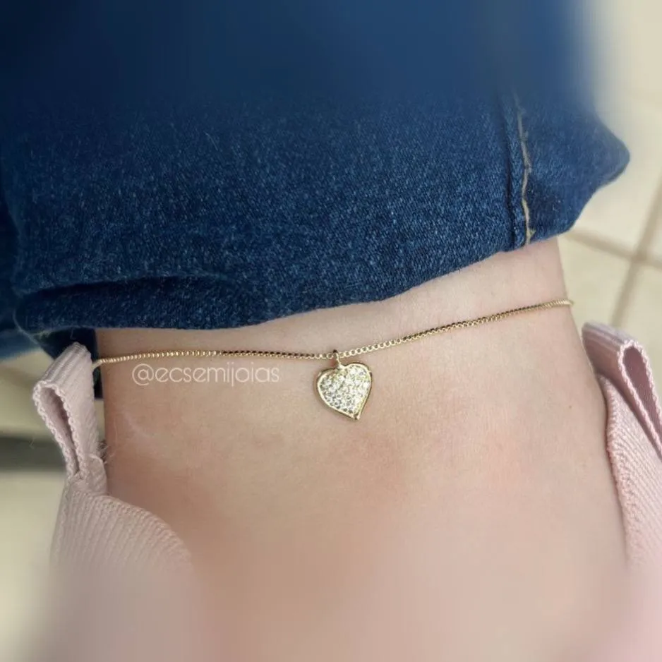 Tornozeleira com coração cravejado cravejado - veneziana - 24 cm + 5 cm de extensor - banhado a ouro 18k