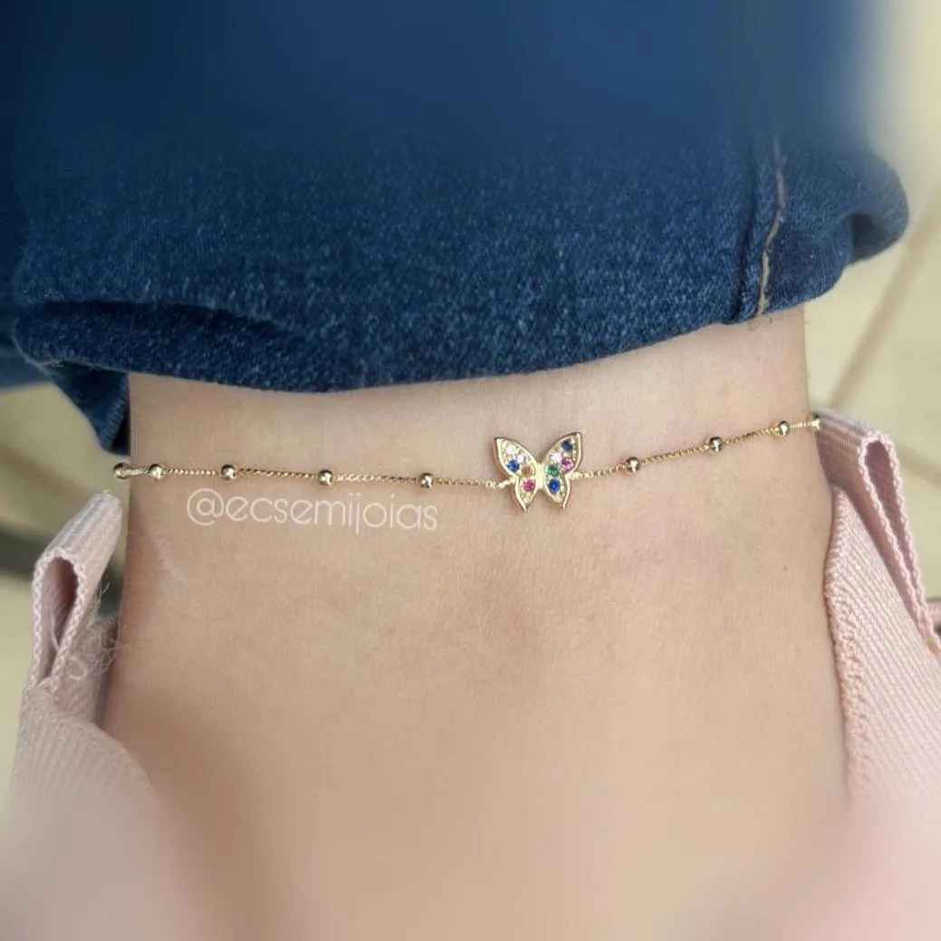 Tornozeleira de borboleta cravejada - veneziana com bolinhas - 24 cm + 5 cm de extensor - banhado a ouro 18k