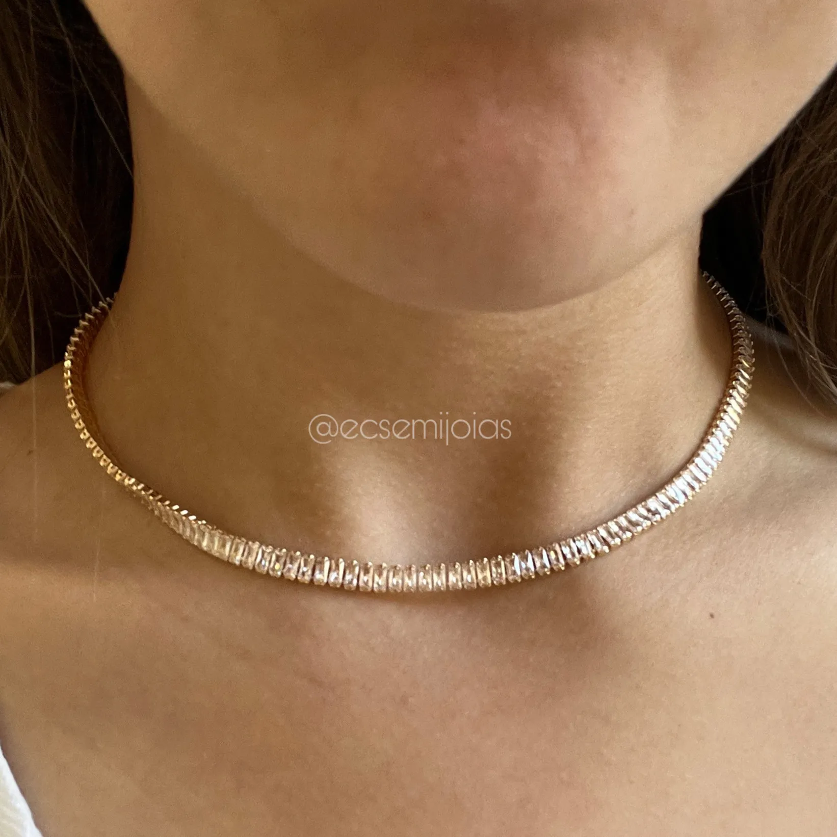 Colar choker zircônia baguete 4mm - 40 cm - banhado a ouro 18k