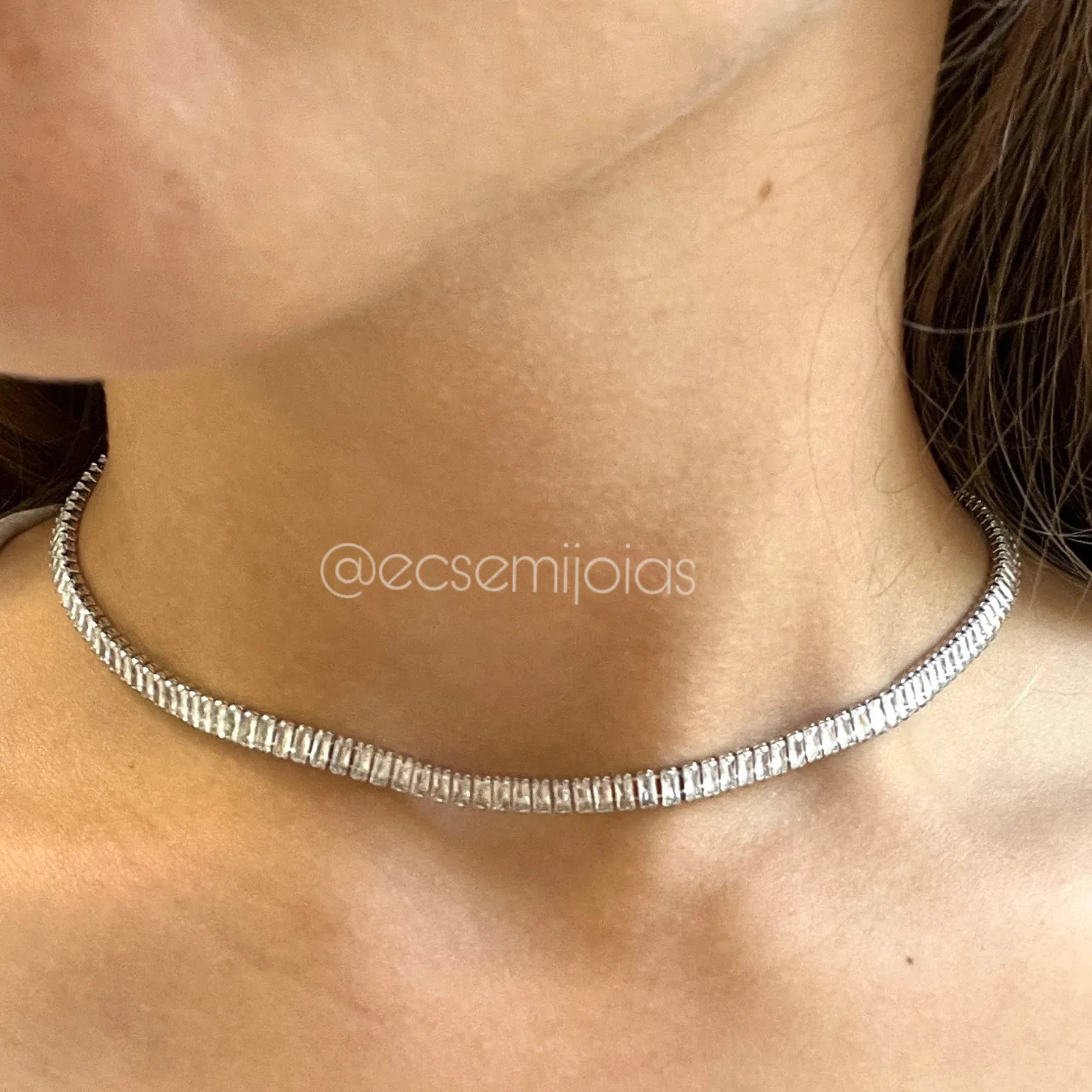 Colar choker zircônia baguete 4mm - 40 cm - banhado a ródio branco