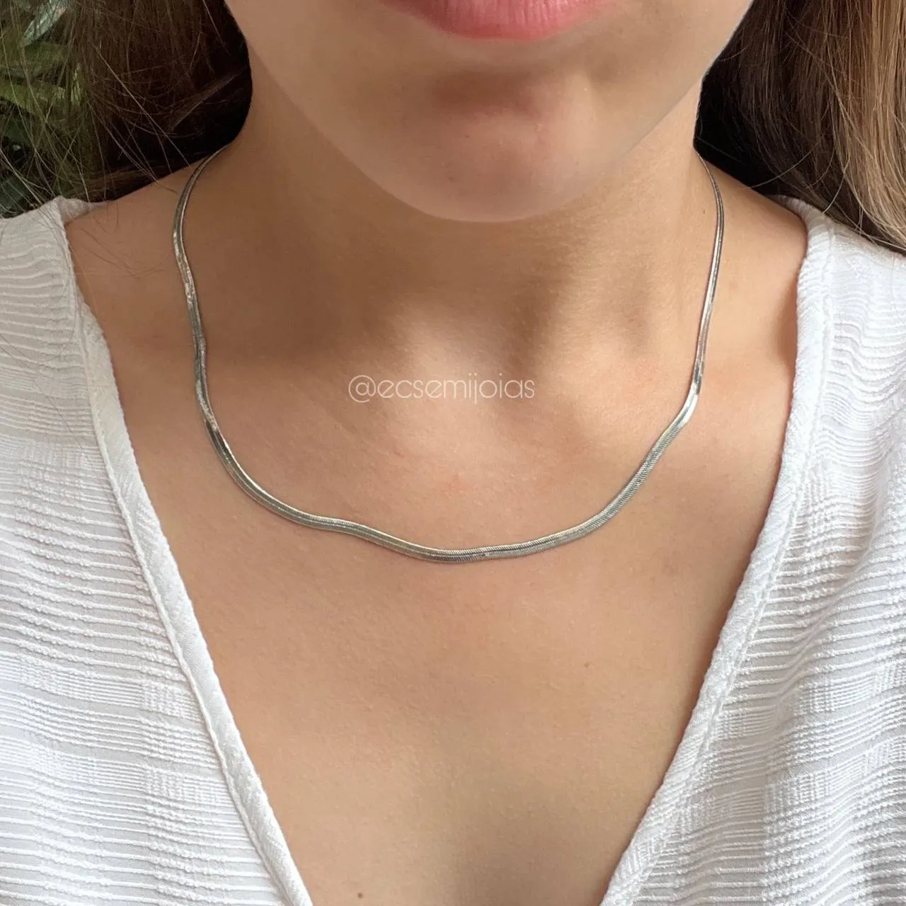 Colar de fita 3mm - 45cm + extensor - banhado a ródio branco