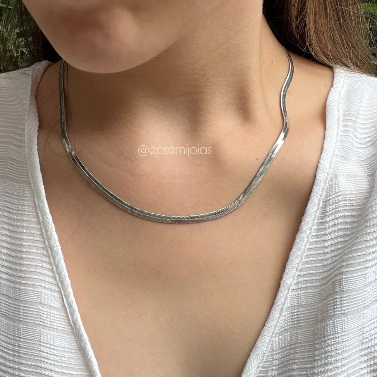 Colar de fita 5mm - 45cm + extensor - banhado a ródio branco
