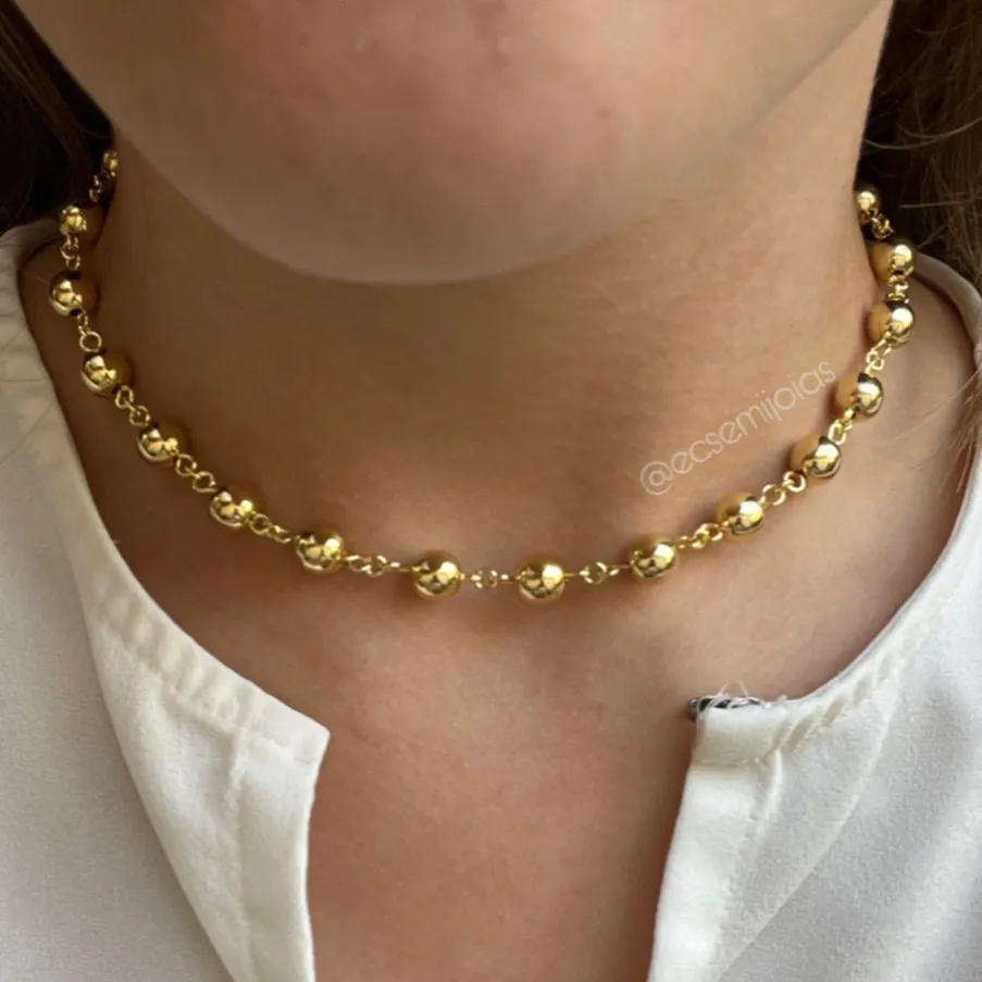 Colar de bolas lisas 7mm - 40cm + 5cm extensor - banhado a ouro 18k