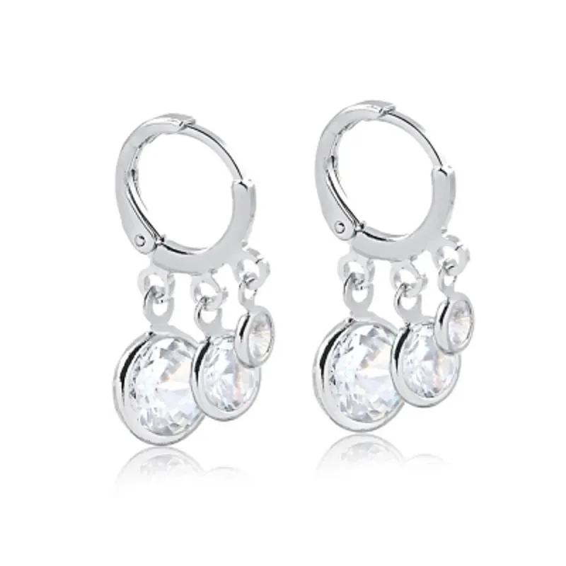 Argola tranqueta com 3 pontos de luz pendurados de tamanhos diferentes - 4/6/8mm - banhado a prata 925