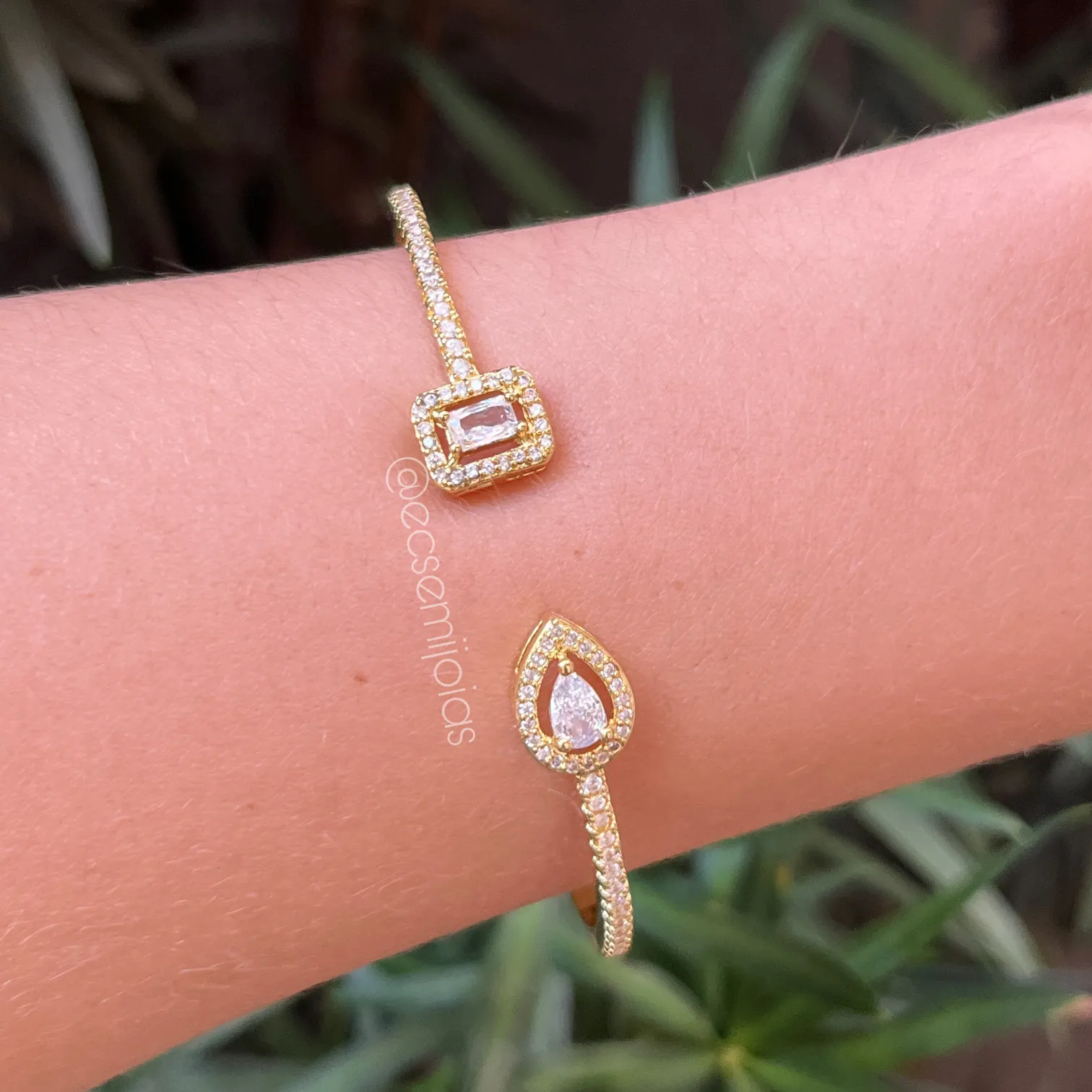 Bracelete  quadrado e gota cravejada - banhado a ouro 18k