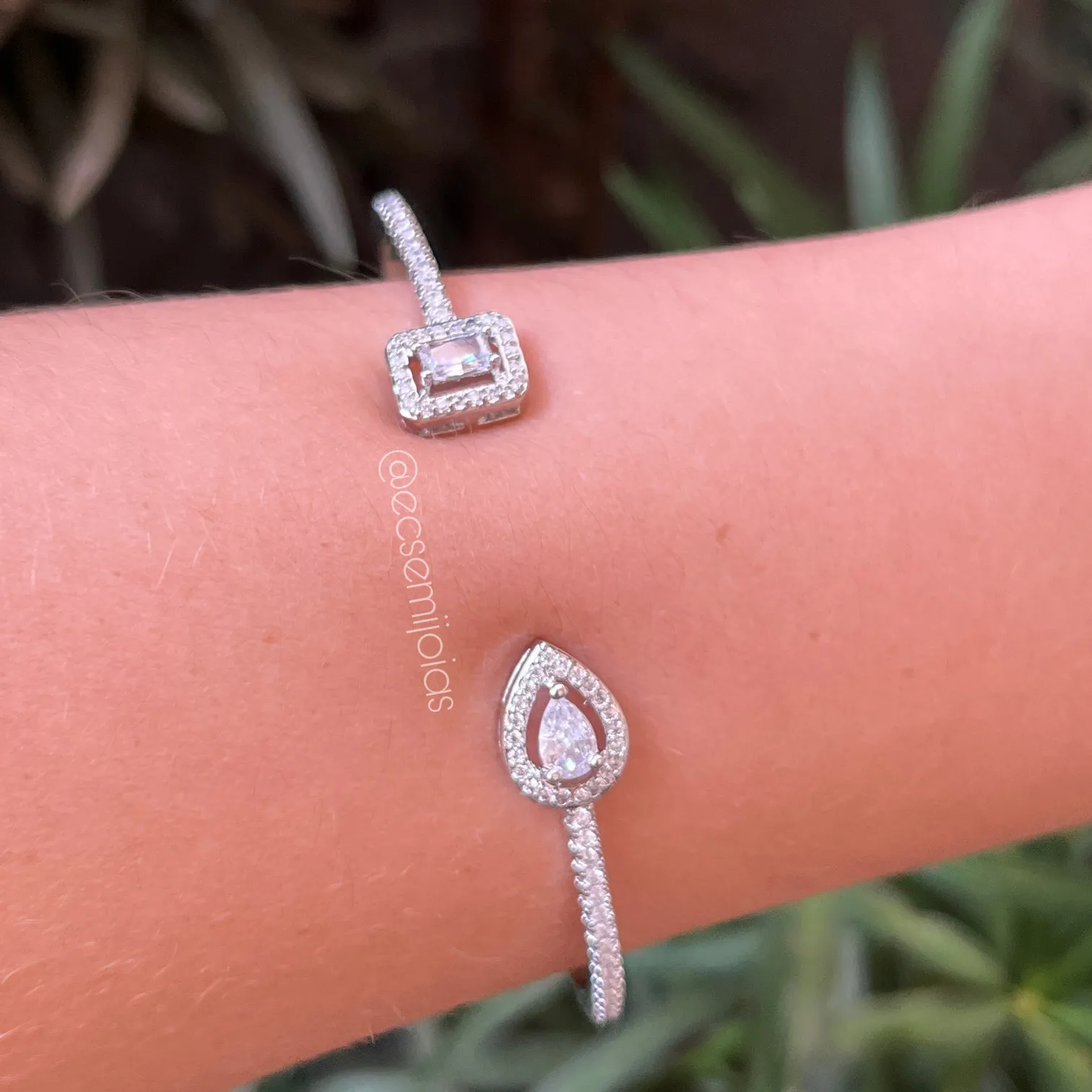 Bracelete  quadrado e gota cravejada - banhado a prata 925