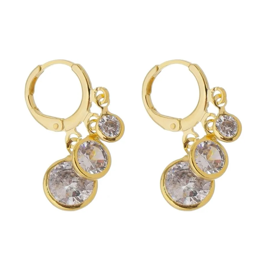 Argola tranqueta com 3 pontos de luz pendurados de tamanhos diferentes - 4/6/8mm - banhado a ouro 18k