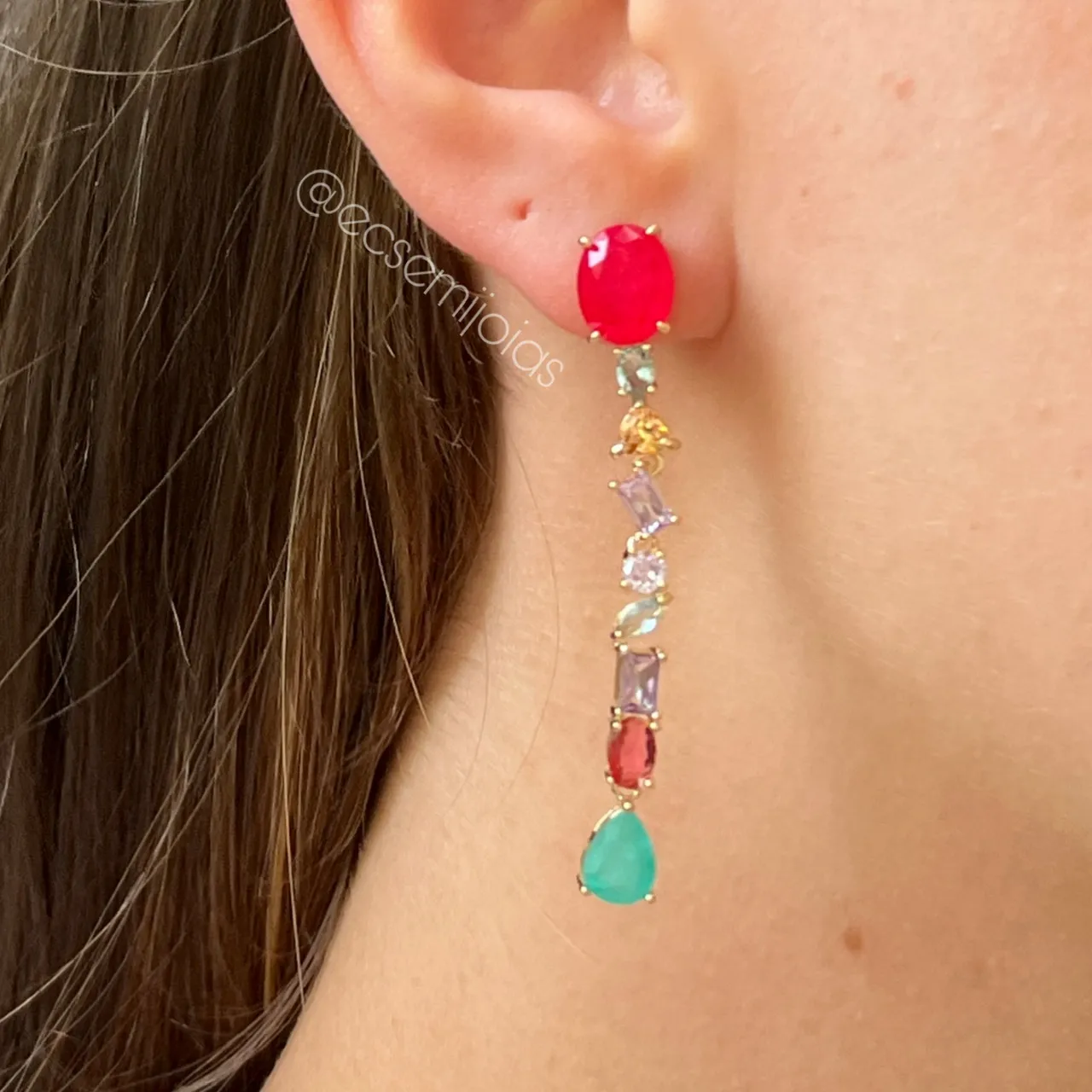 Brinco pedras formas geometricas - banhado a ouro 18k