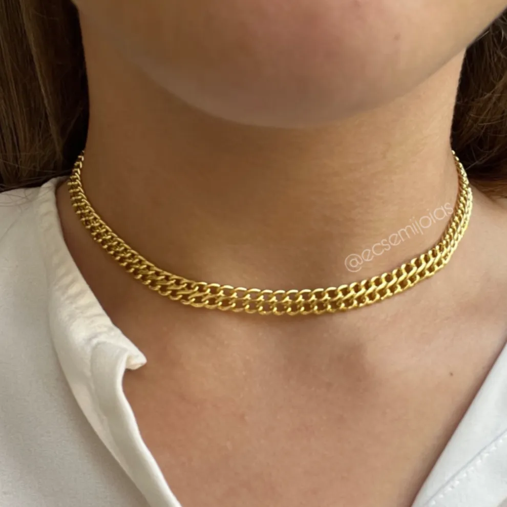 Choker com malha dupla vazada mais grossa 6mm - 33cm + 10cm extensor - banhado a ouro 18k