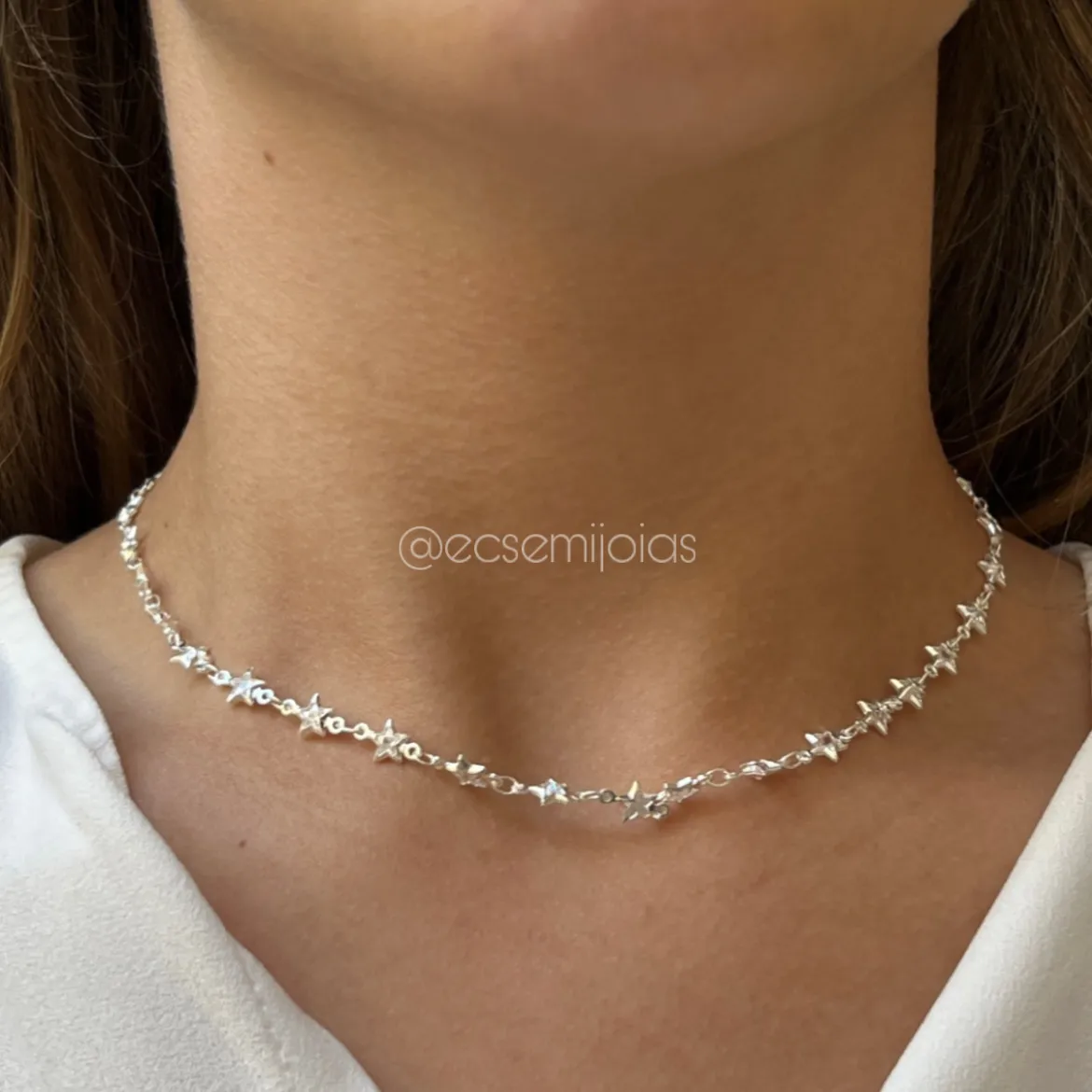 Colar com estrelinhas de zircônias - 40cm + extensor - banhado a prata 925