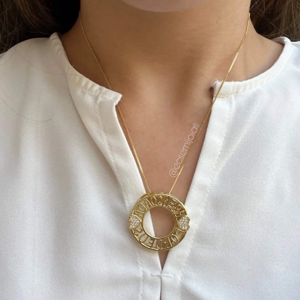 Colar com mandala ABENÇOADA POR DEUS com coração cravejado - 45cm - banhado a ouro 18k