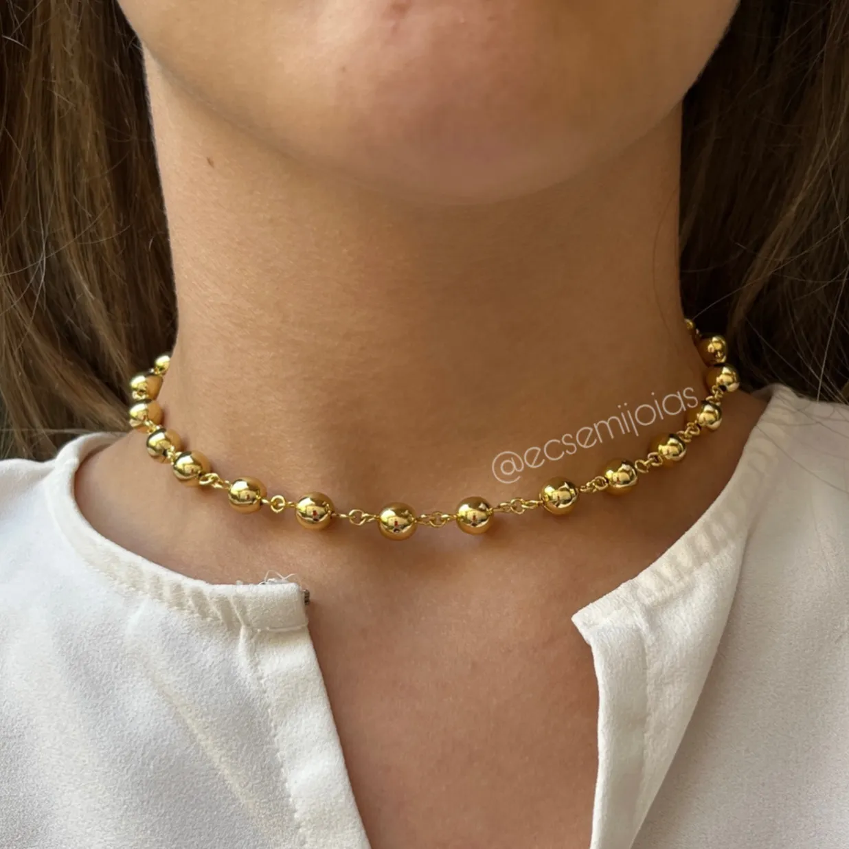 Colar de bolas lisas 7mm - 40cm + 5cm extensor - banhado a ouro 18k