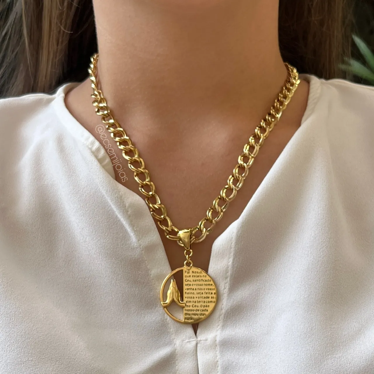 Colar de elos com pingente pai nosso - 45 cm - banhado a ouro 18k