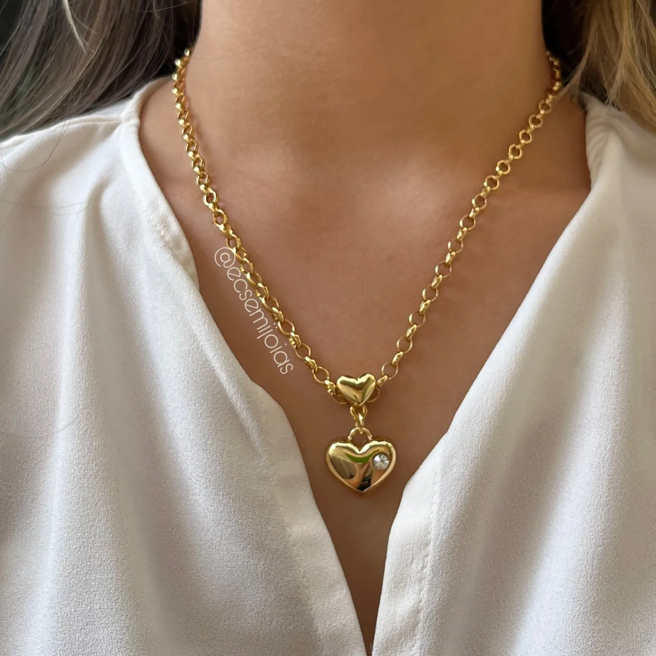 Colar de elos português com pingente em formato de coração  - 45 cm - banhado a ouro 18k