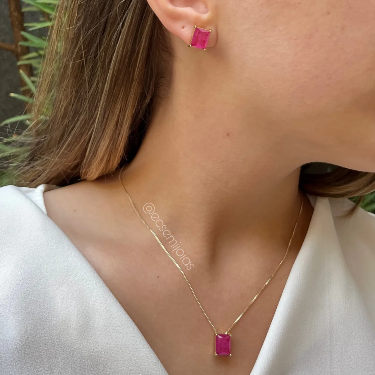 Conjunto de brinco e colar pedra fusion retangular - 8x10mm - banhado a ouro 18k