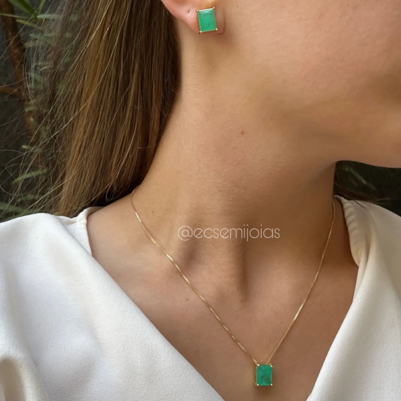 Conjunto de brinco e colar pedra fusion retangular - 8x10mm - banhado a ouro 18k
