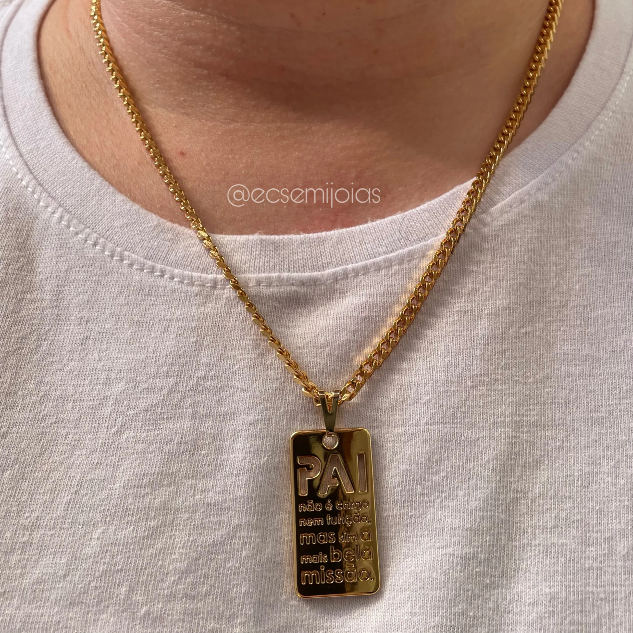 Corrente elo grumet 3mm com placa PAI NÃO É CARGO - 55cm - banho ouro 18k
