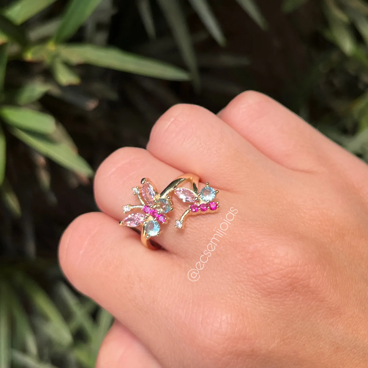Conjunto brinco, colar e anel de borboleta - 45 cm + extensor  - banhado a ouro 18k
