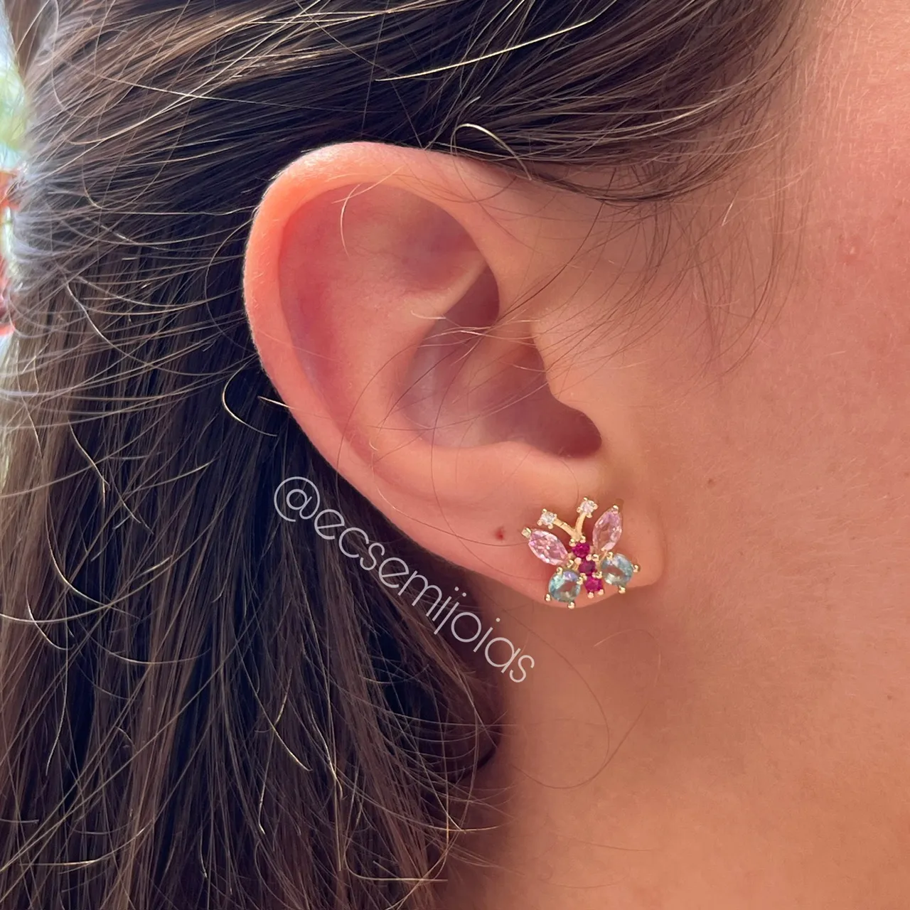 Conjunto brinco, colar e anel de borboleta - 45 cm + extensor  - banhado a ouro 18k