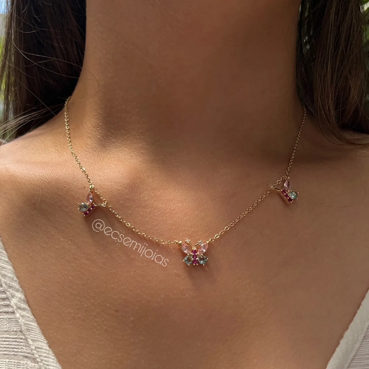 Conjunto brinco, colar e anel de borboleta - 45 cm + extensor  - banhado a ouro 18k