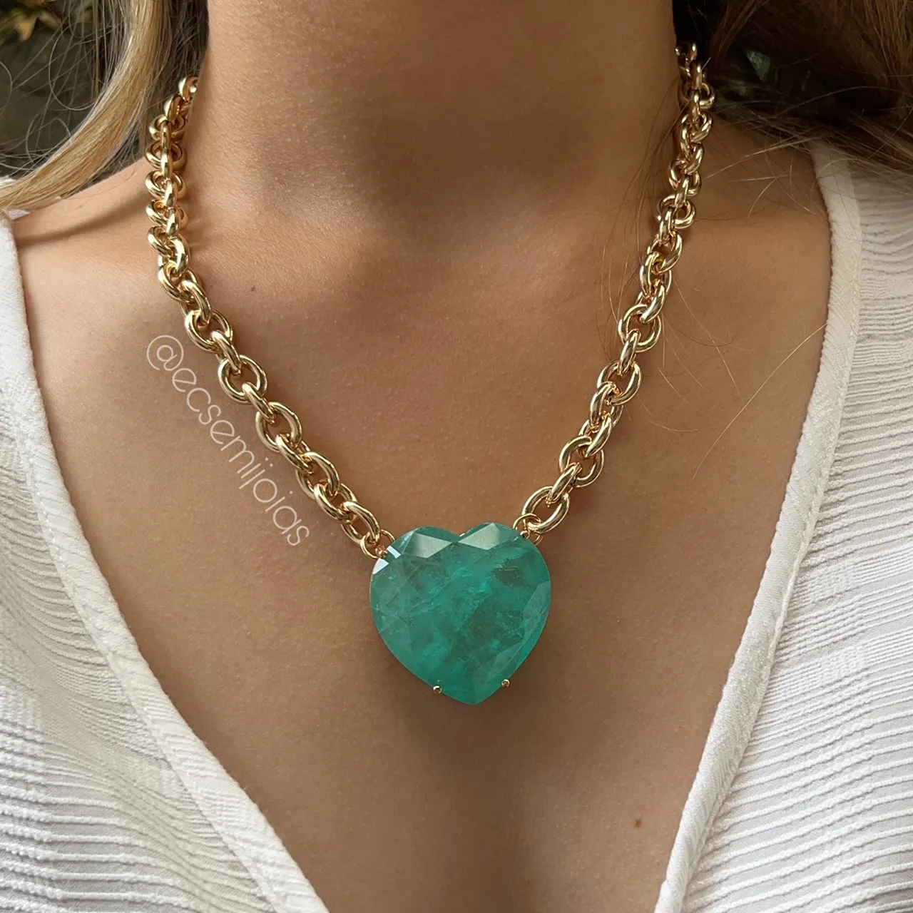 Conjunto de brinco e colar elo oval com pedra coração grande fusion - 45 cm + extensor - banhado a ouro 18k