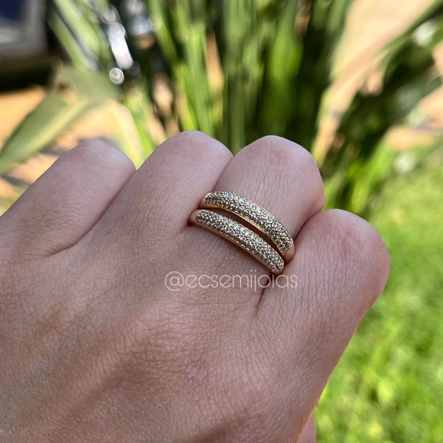 Anel aparador duplo cravejado - banhado a ouro 18k