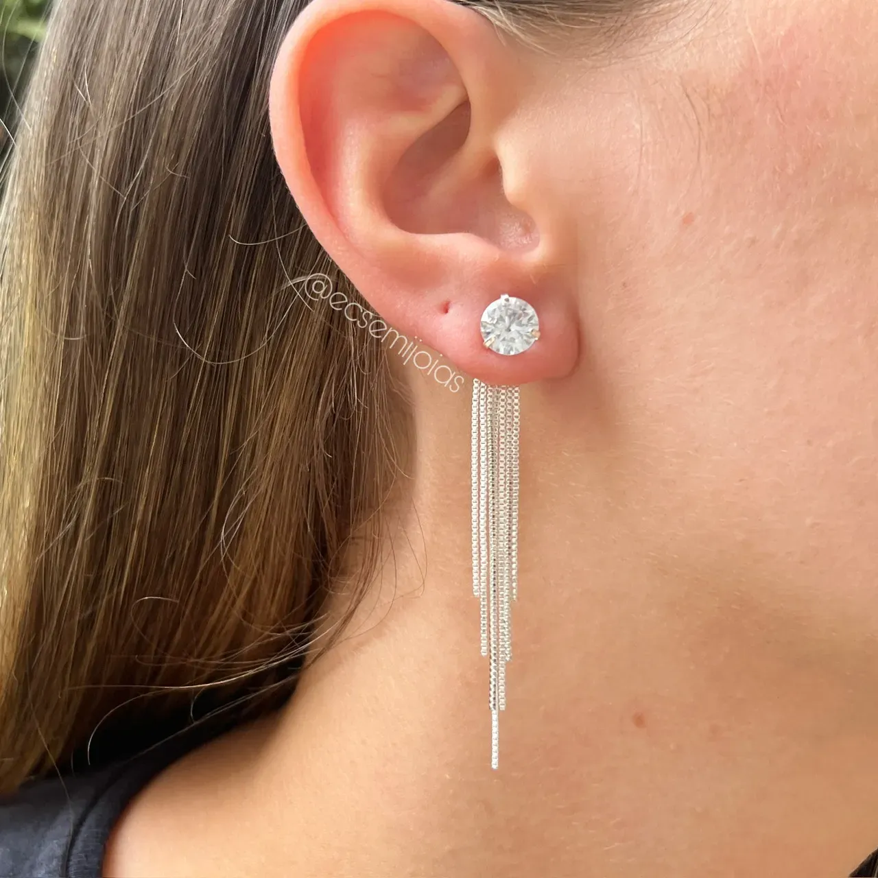 Brinco franja ear jacket com ponto de luz 8mm - banhado a prata 925