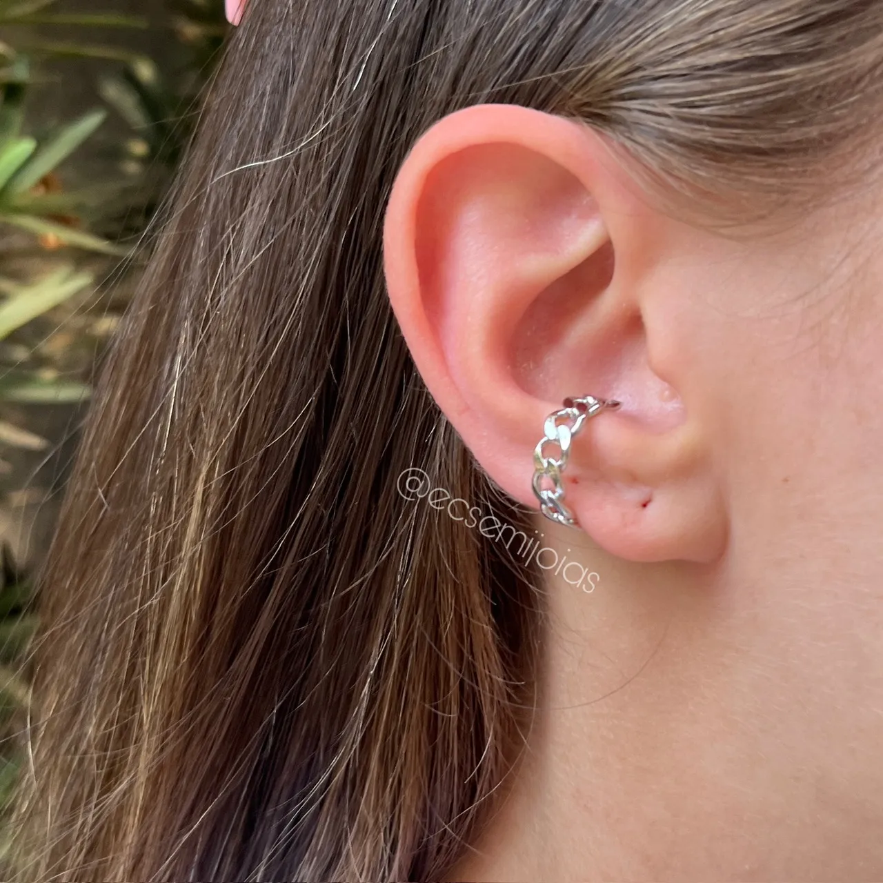 Brinco piercing corrente maior - banhado a ródio branco