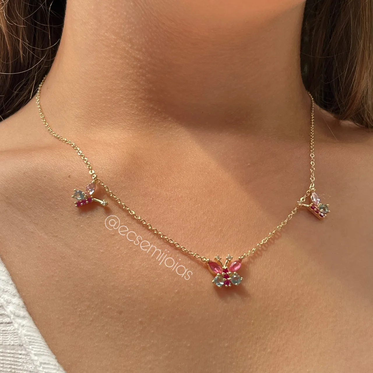 Colar de borboletas - 45 cm + extensor - banhado a ouro 18k