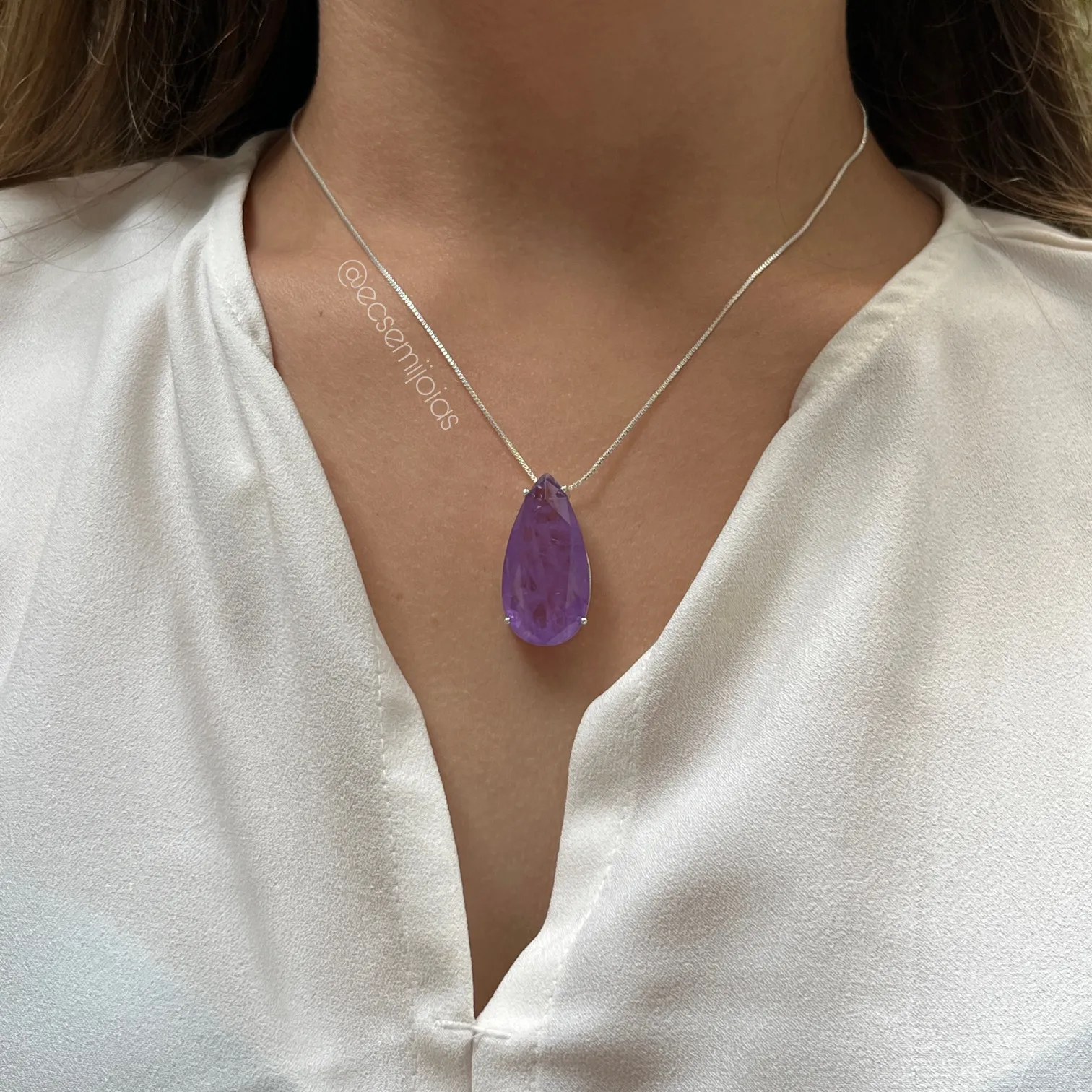 Colar de pedra gota - banhado a prata 925 - 50 cm