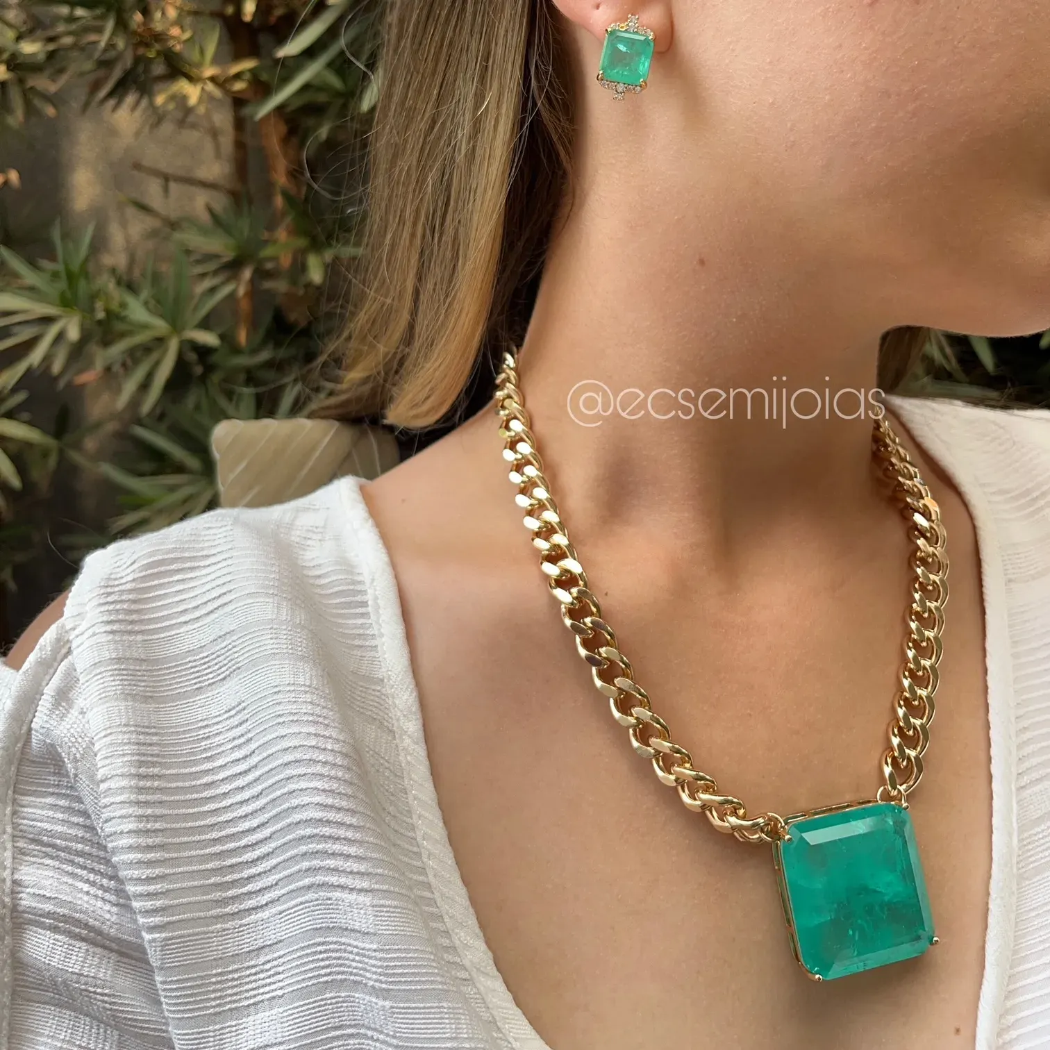 Conjunto de brinco e colar elo grumet com pedra quadrada grande fusion - 45 cm + extensor - banhado a ouro 18k