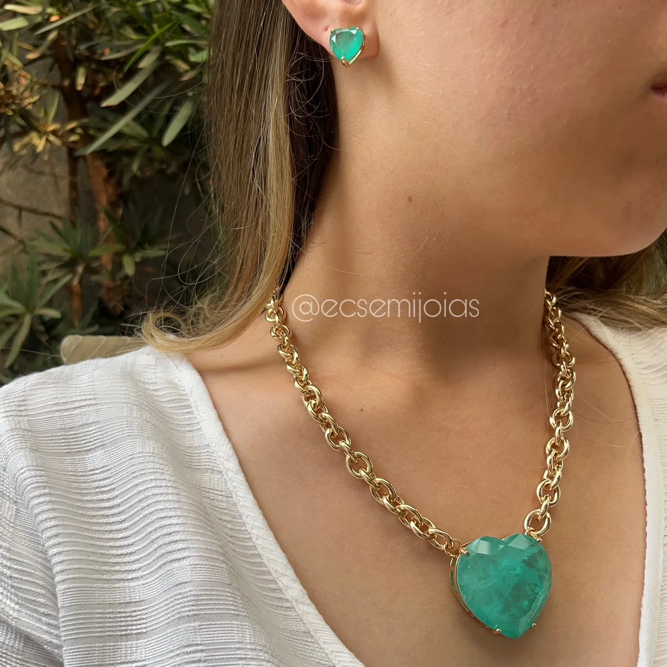 Conjunto de brinco e colar elo oval com pedra coração grande fusion - 45 cm + extensor - banhado a ouro 18k