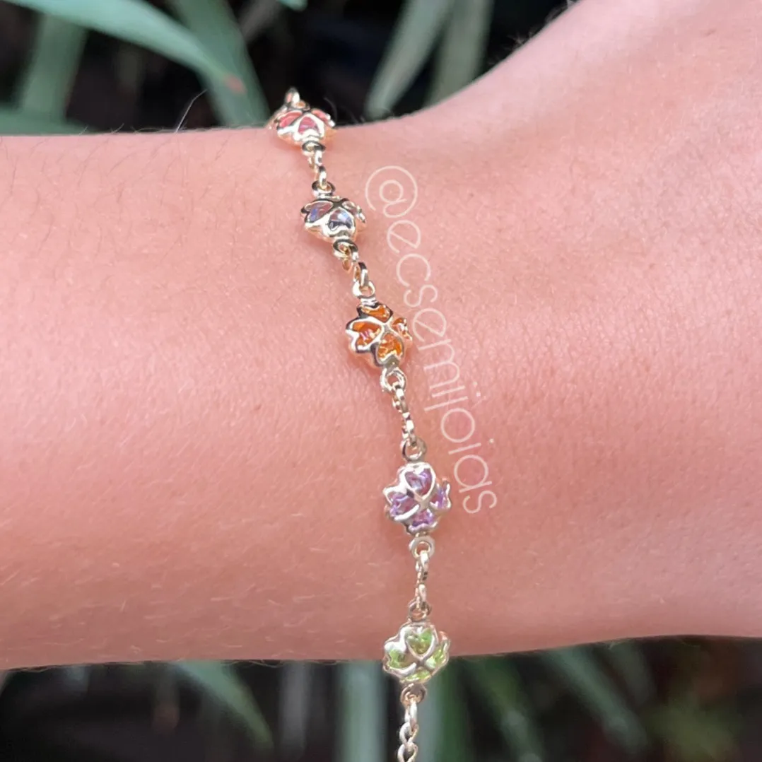 Pulseira com 5 trevos com zircônias coloridas - 15cm - banhado a ouro 18k