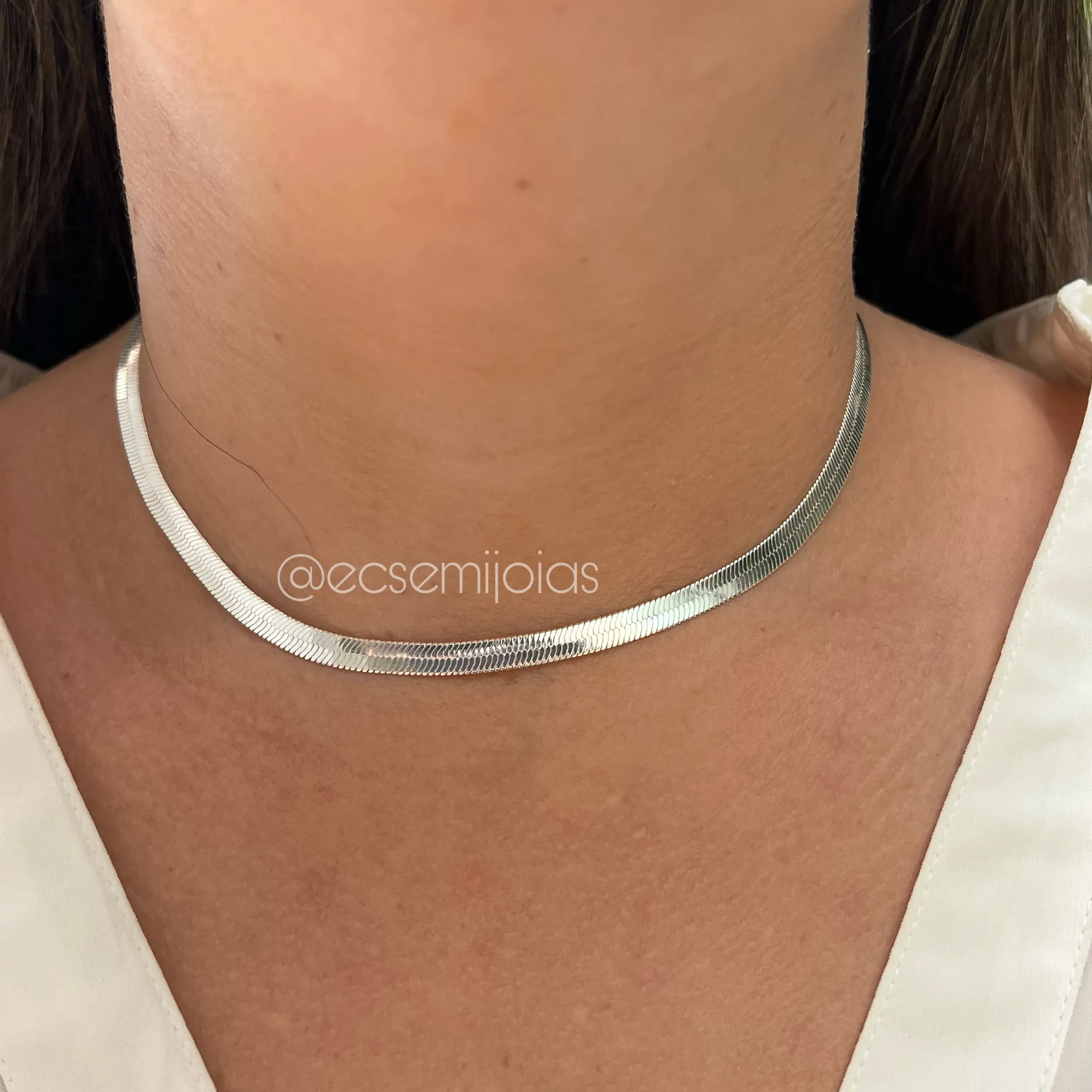 Choker de fita 5mm - 32cm + extensor - banhado a prata 925