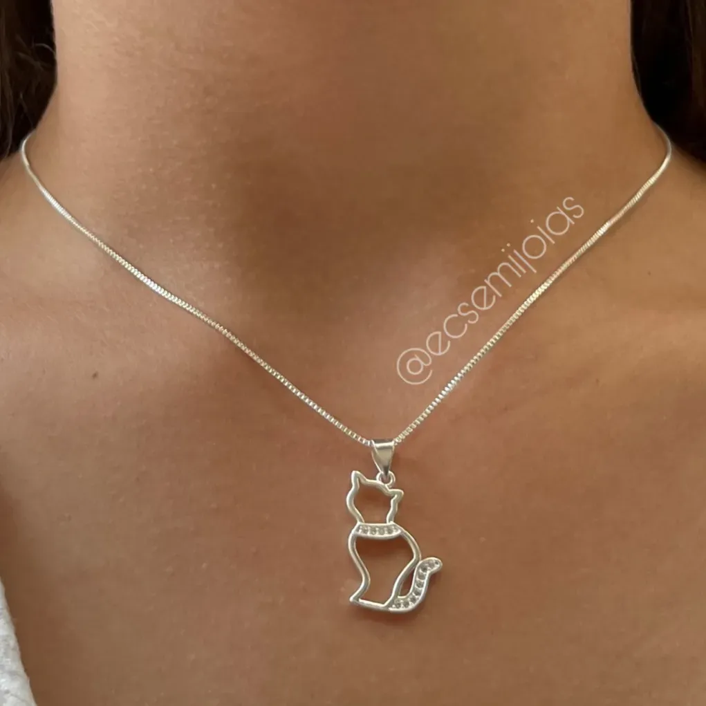 Colar de gato vazado cravejado  - Banhado a prata 925