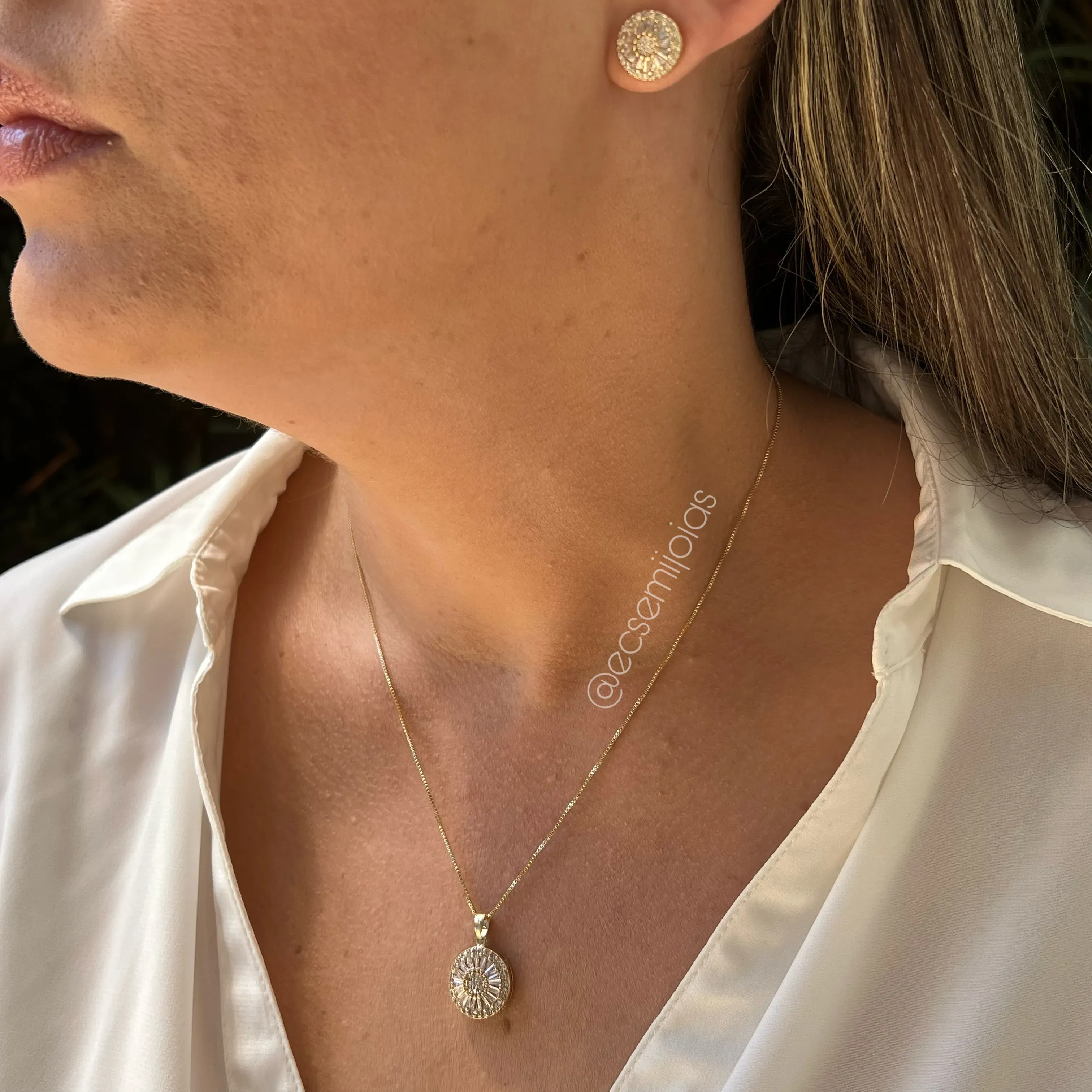 Conjunto de brinco e colar de pizza - br13mm / pi15mm - 45 cm - banhado a ouro 18k