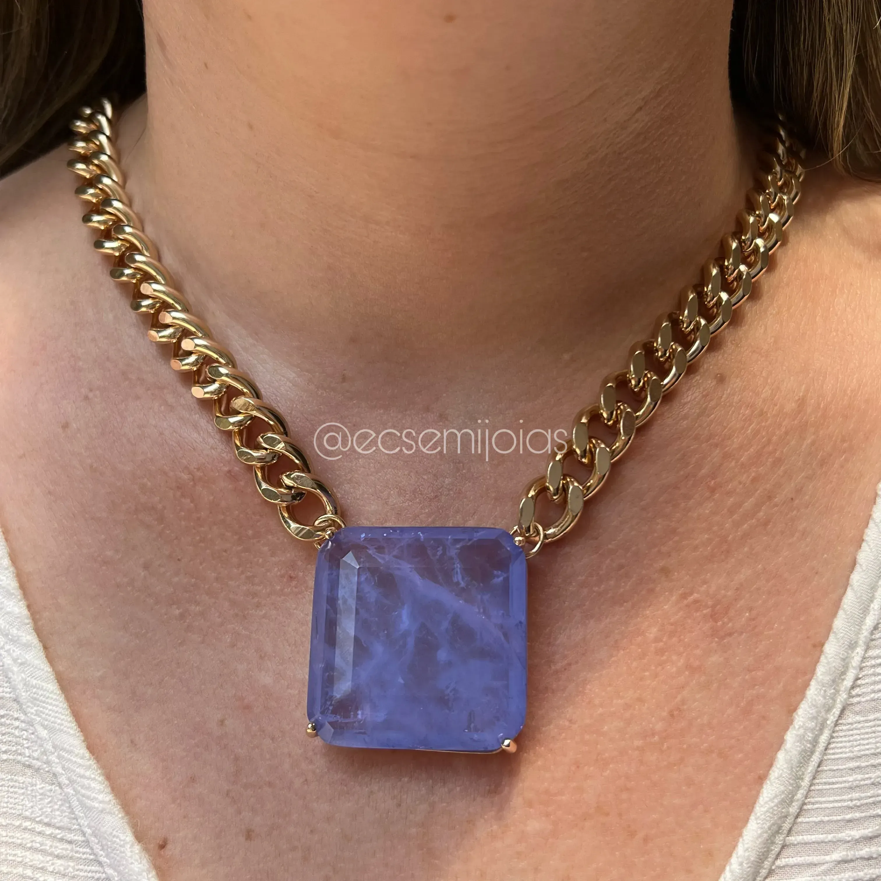 Colar elo grumet com pedra quadrada grande fusion - 45 cm + extensor - banhado a ouro 18k