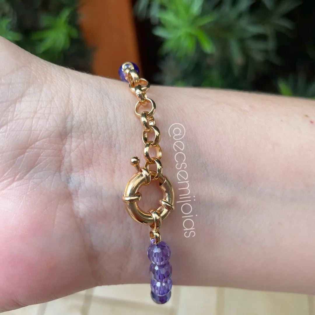 Pulseira com pedras naturais redondas - 18cm + 3cm extensor - banhado a ouro 18k