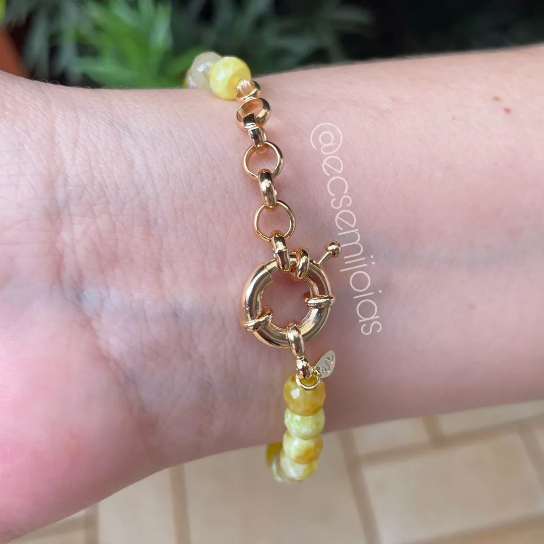 Pulseira com pedras naturais redondas - 18cm + 2,5cm extensor - banhado a ouro 18k