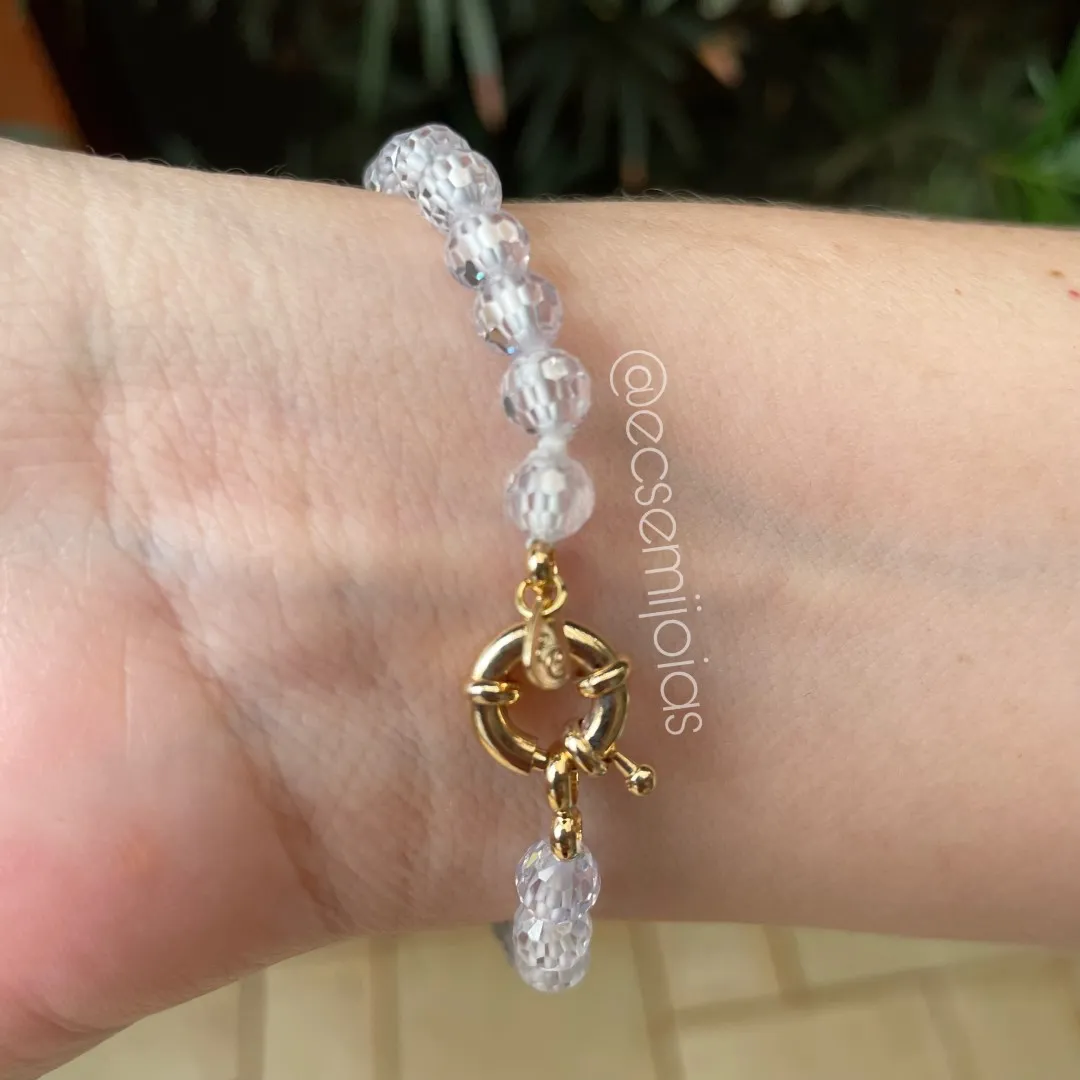 Pulseira elo palmeira e pedras redondas - 18,5cm - banhado a ouro 18k