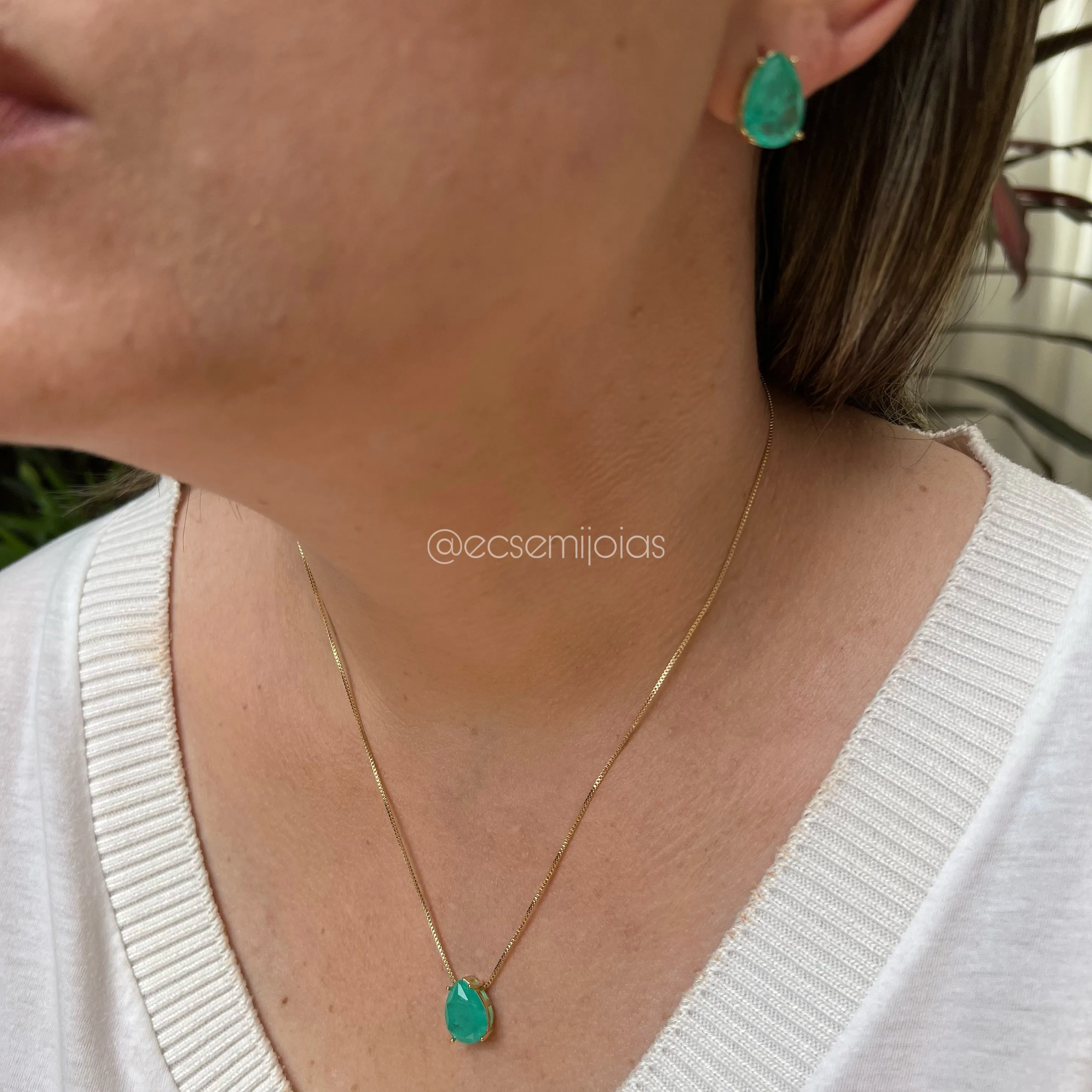 Conjunto de brinco e colar com pedra fusion gota - 10x14mm - 45 cm - banhado a ouro 18k