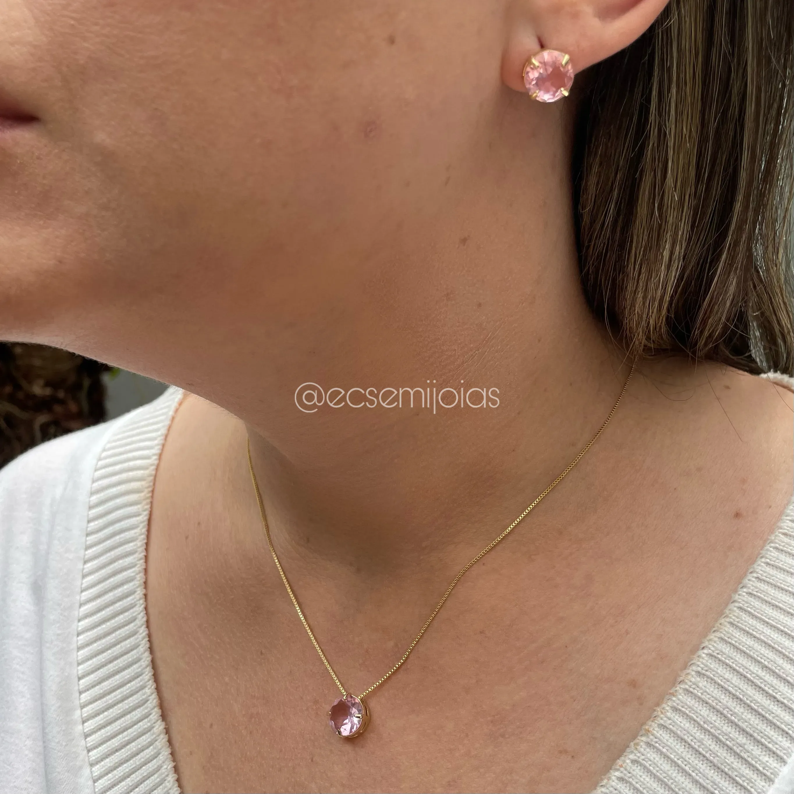 Conjunto de brinco e colar pedra redonda 10mm - banhado a ouro 18k