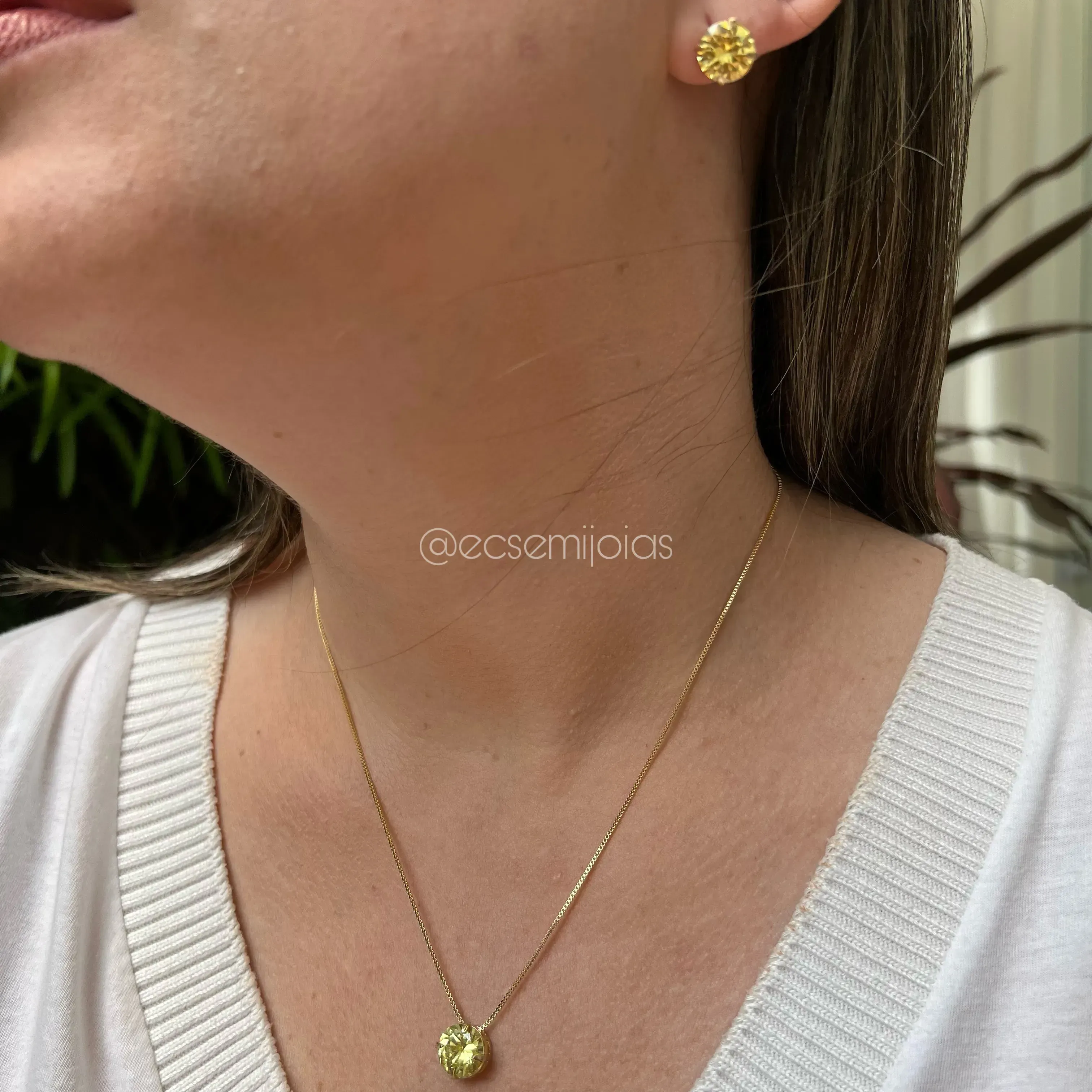 Conjunto de brinco e colar pedra redonda 10mm - banhado a ouro 18k