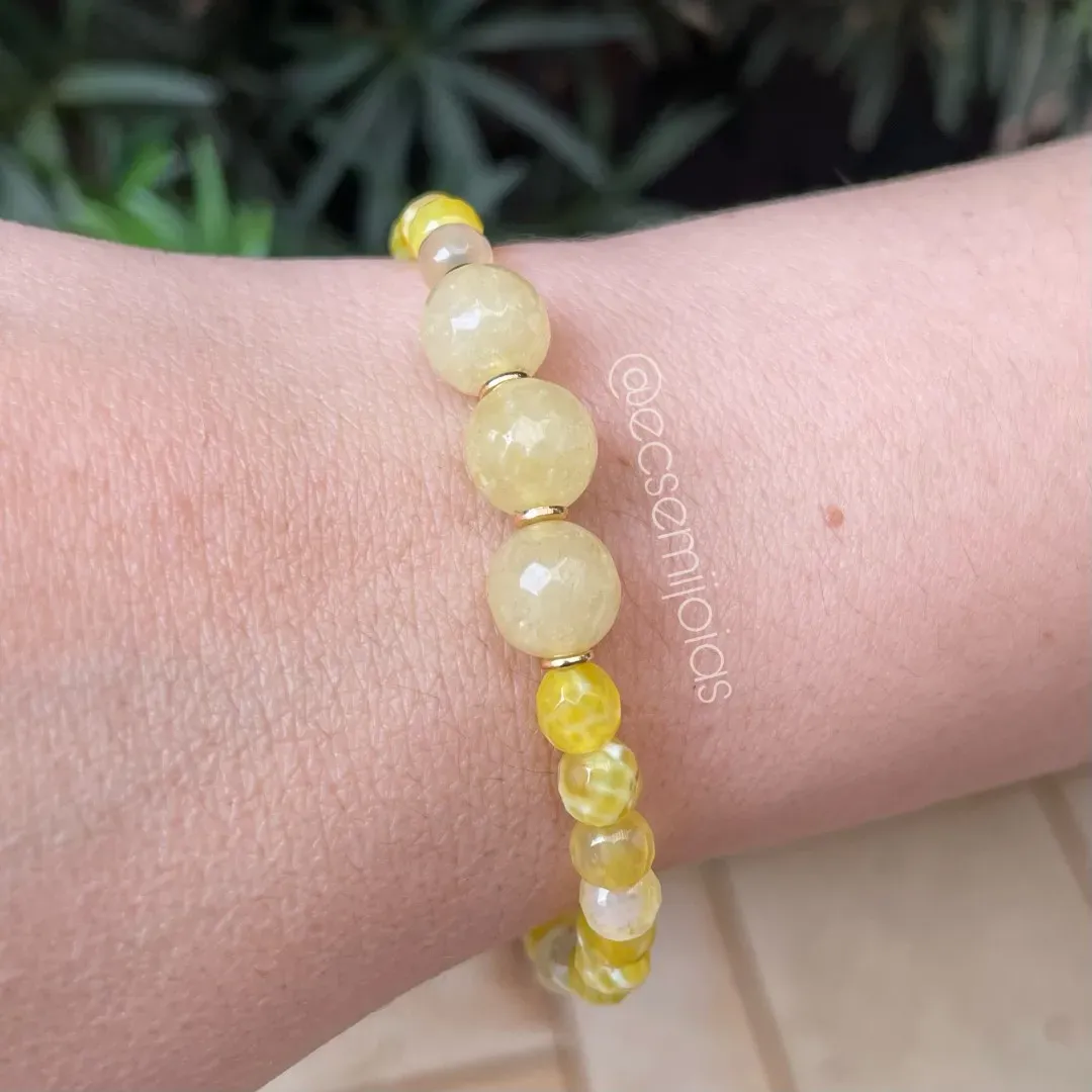 Pulseira com pedras naturais redondas - 18cm + 2,5cm extensor - banhado a ouro 18k