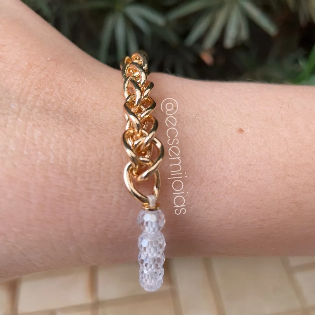 Pulseira elo palmeira e pedras redondas - 18,5cm - banhado a ouro 18k