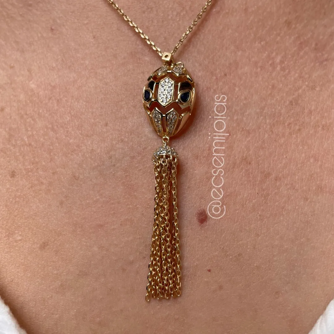Colar cobra cravejada com franja - banhado a ouro 18k
