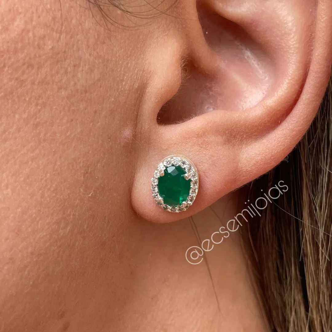 Conjunto de brinco e colar pedra oval cravejada em volta - banhado a prata 925