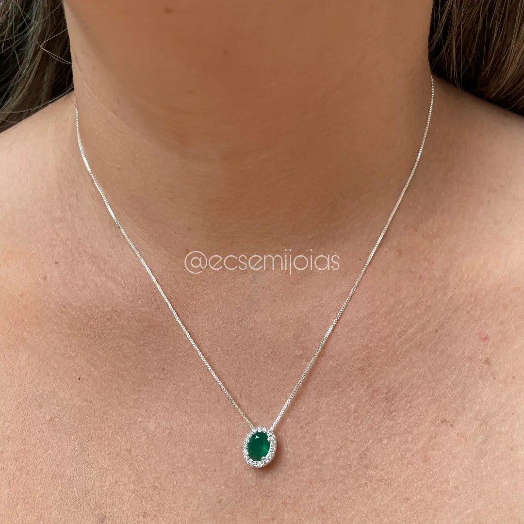 Conjunto de brinco e colar pedra oval cravejada em volta - banhado a prata 925