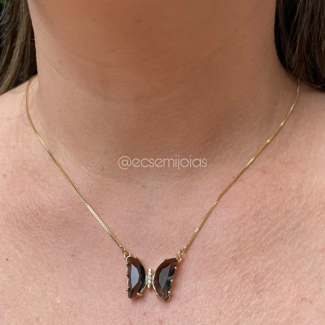 Conjunto de brinco e colar de borboleta - 45 cm - banhado a ouro 18k